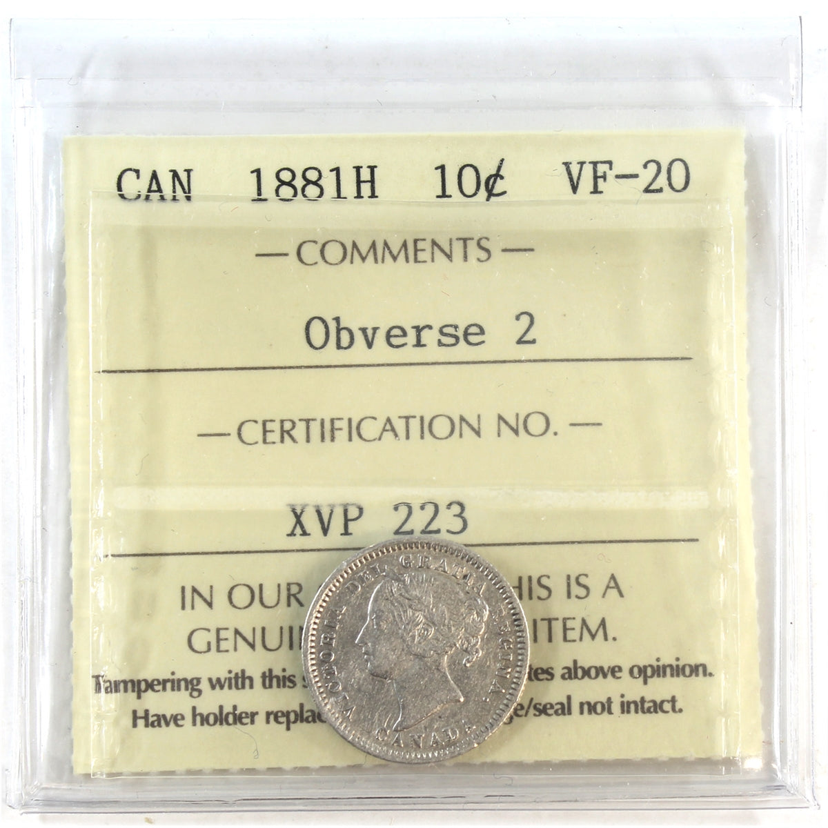 1881H Obv. 2 Canada 10-cents ICCS Certified VF20
