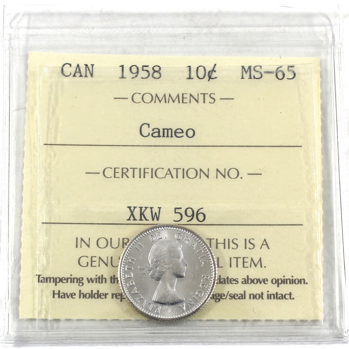1958 Canada 10-cents ICCS Certified MS65 Cameo