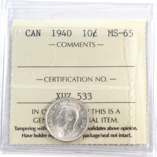 1940 Canada 10-cents ICCS Certified MS65