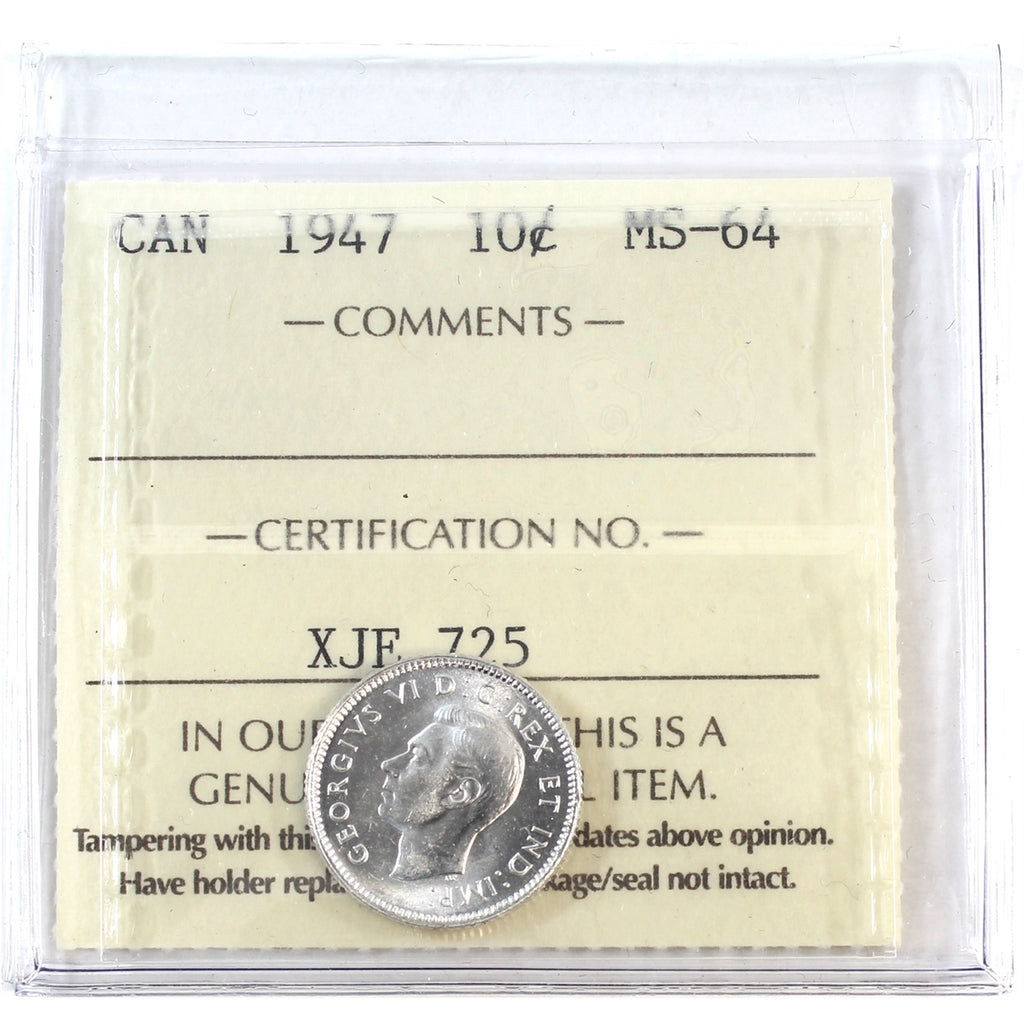 1947 Canada 10-cents ICCS Certified MS-64