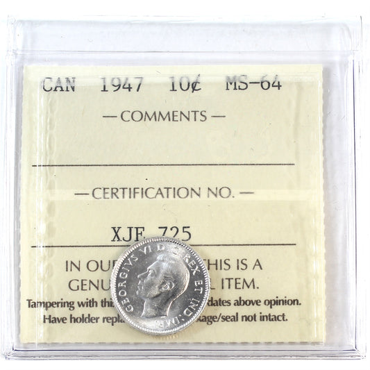 1947 Canada 10-cents ICCS Certified MS-64
