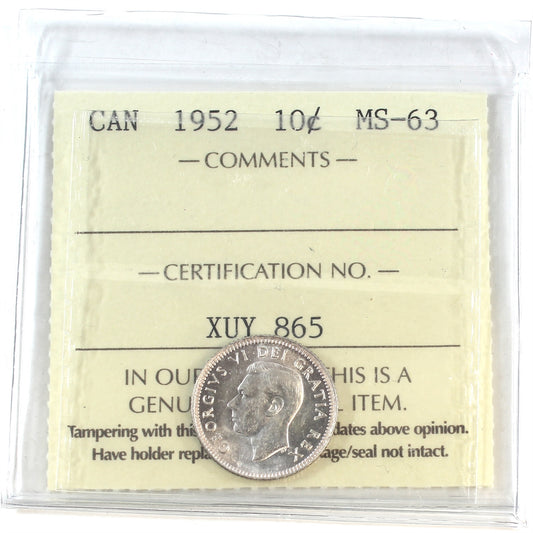 1952 Canada 10-cents ICCS Certified MS63