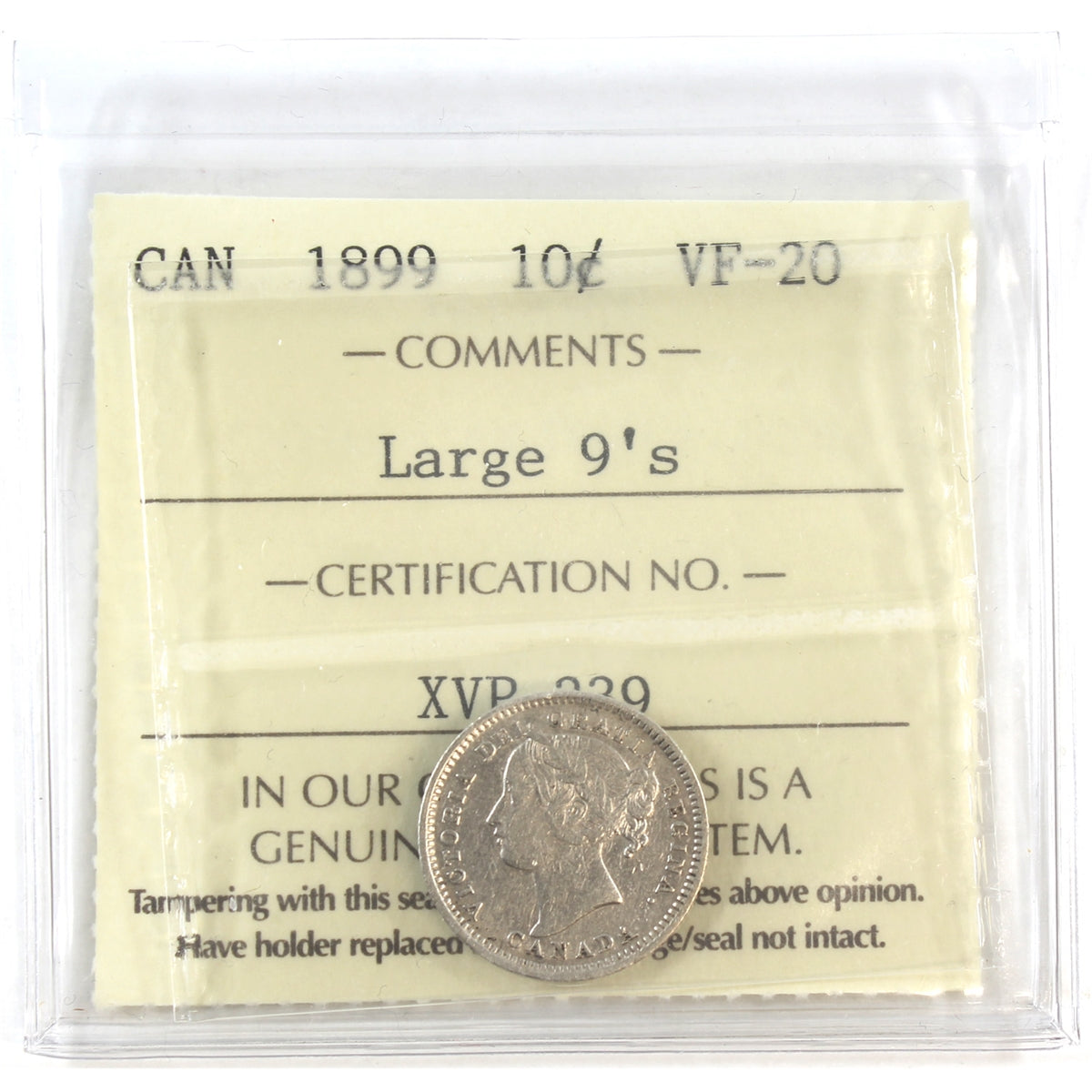 1899 Large 9 Canada 10-cents ICCS Certified VF20