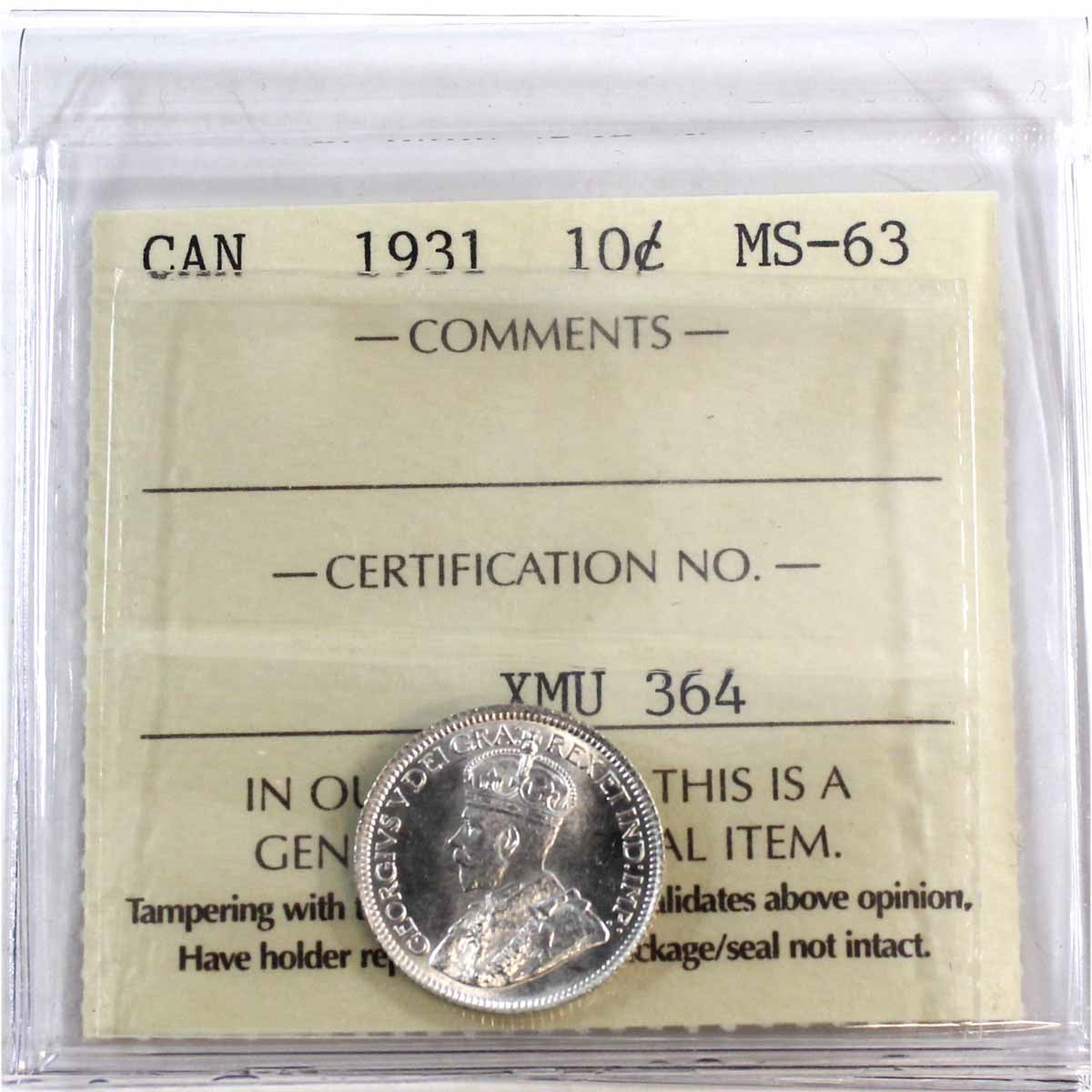 1931 Canada 10-cents ICCS Certified MS63
