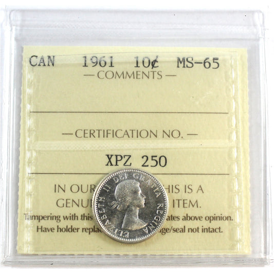 1961 Canada 10-cents ICCS Certified MS65