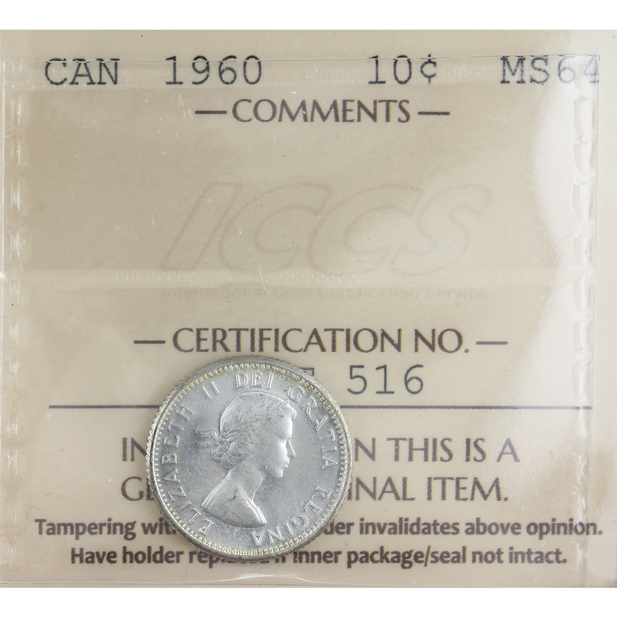 1960 Canada 10-cents ICCS Certified MS64