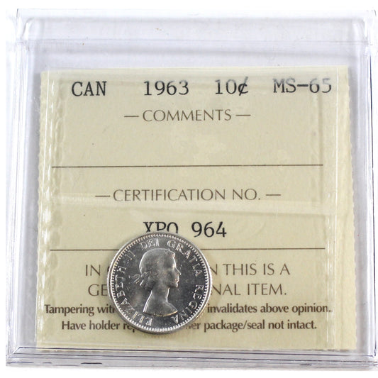 1963 Canada 10-cents ICCS Certified MS65