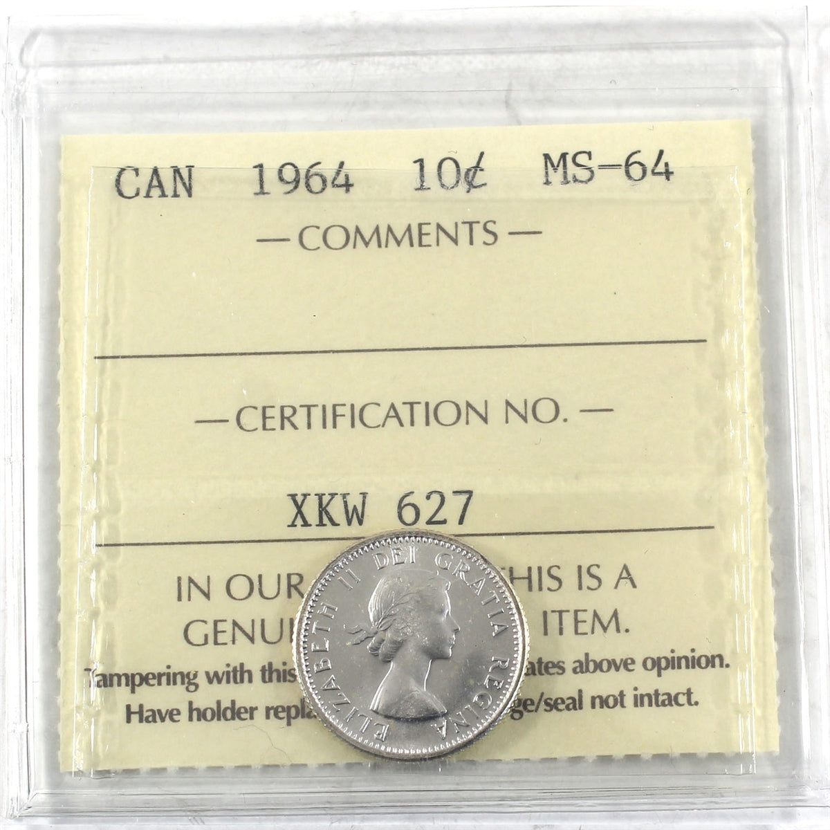 1964 Canada 10-cents ICCS Certified MS64