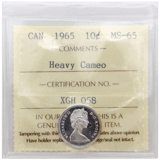 1965 Canada 10-cents ICCS Certified MS65 Heavy Cameo