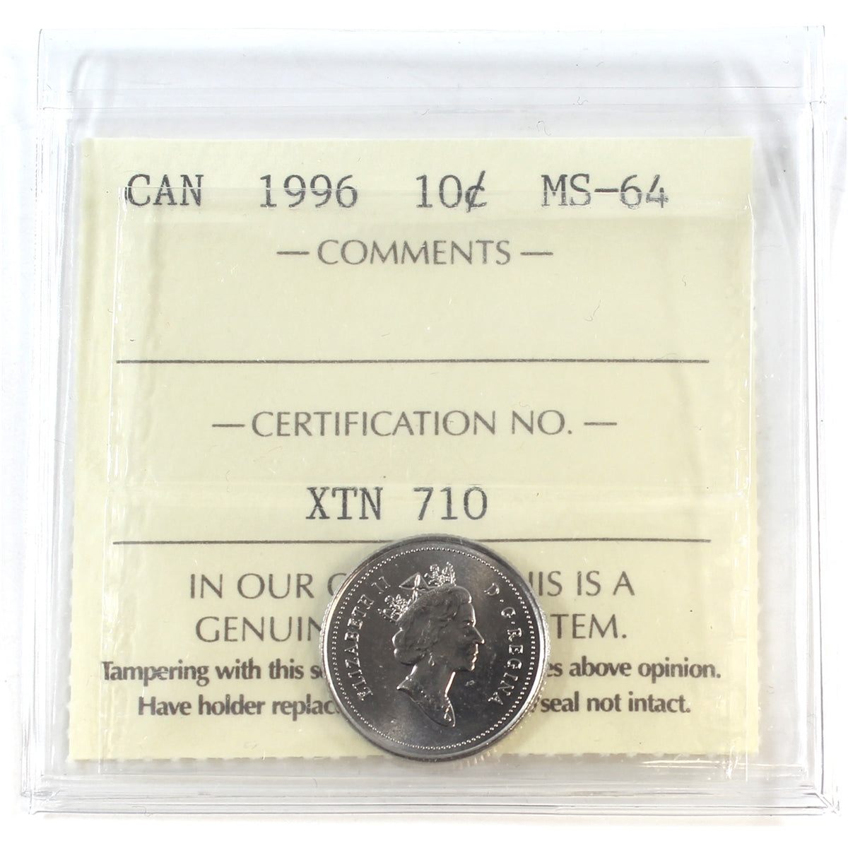 1996 Canada 10-cents ICCS Certified MS64