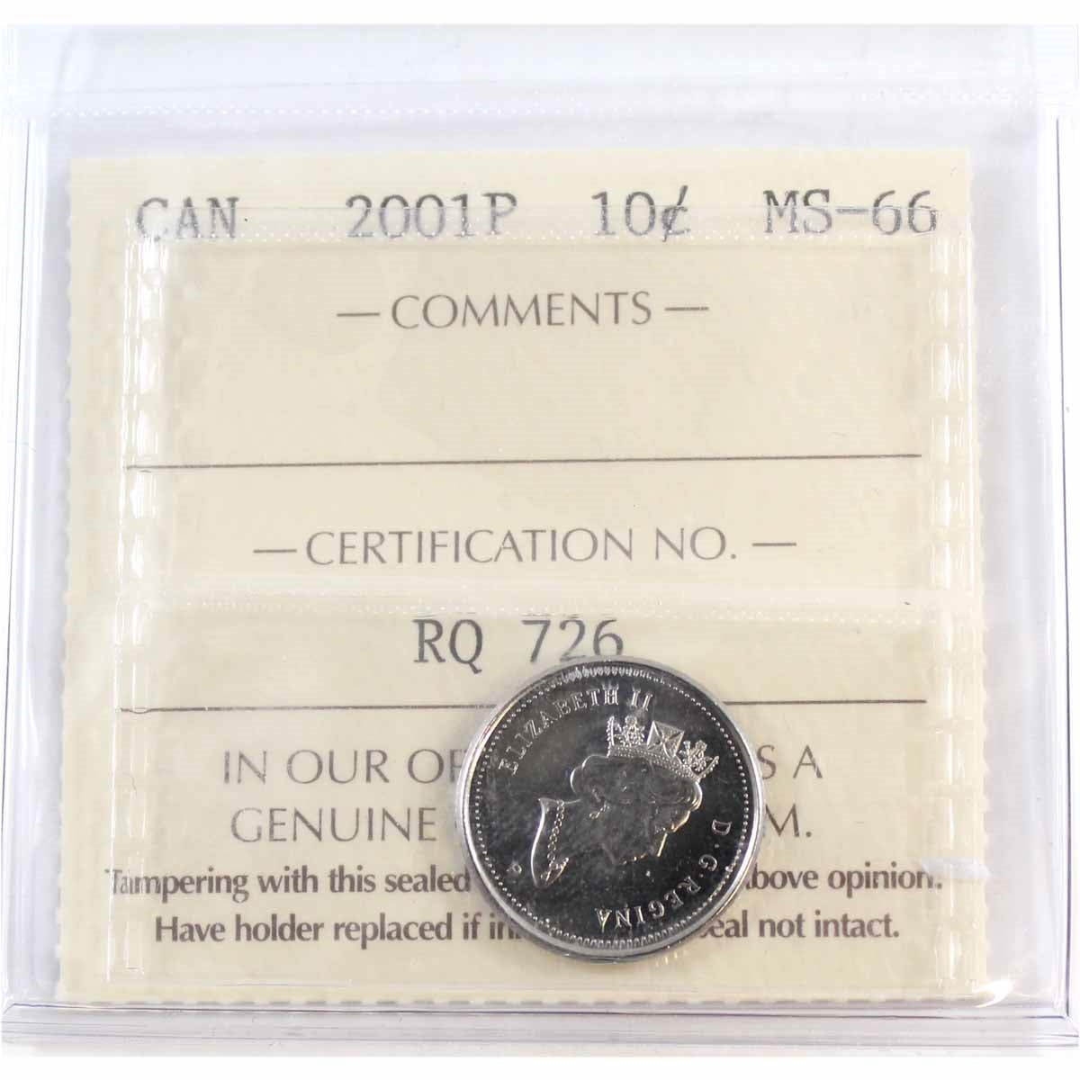 2001P Canada 10-cents ICCS Certified MS66
