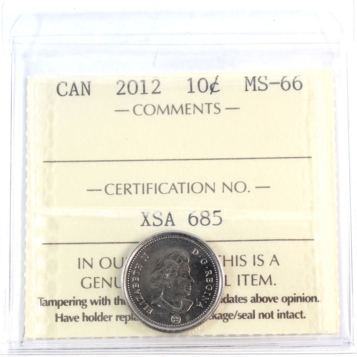 2012 Canada 10-cents ICCS Certified MS66