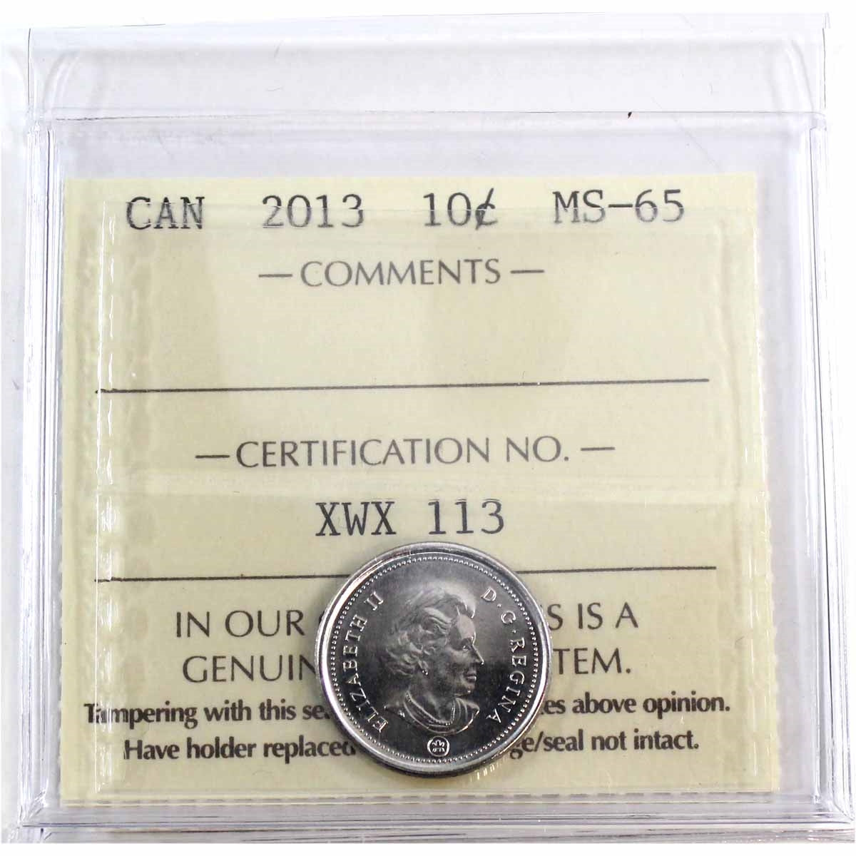 2013 Canada 10-cents ICCS Certified MS65