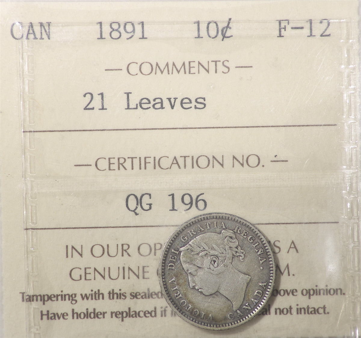 1891 21 Leaves Canada 10-cents ICCS Certified F12