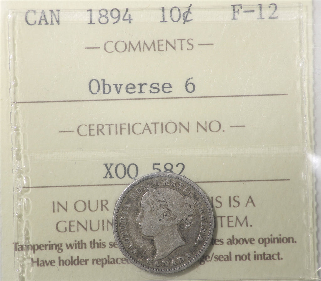1894 Obv. 6 Canada 10-cents ICCS Certified F12