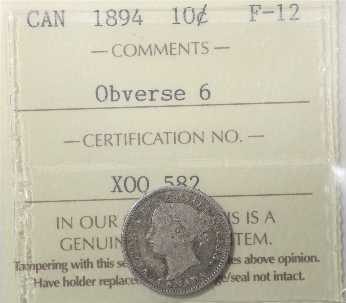 1894 Obv. 6 Canada 10-cents ICCS Certified F12