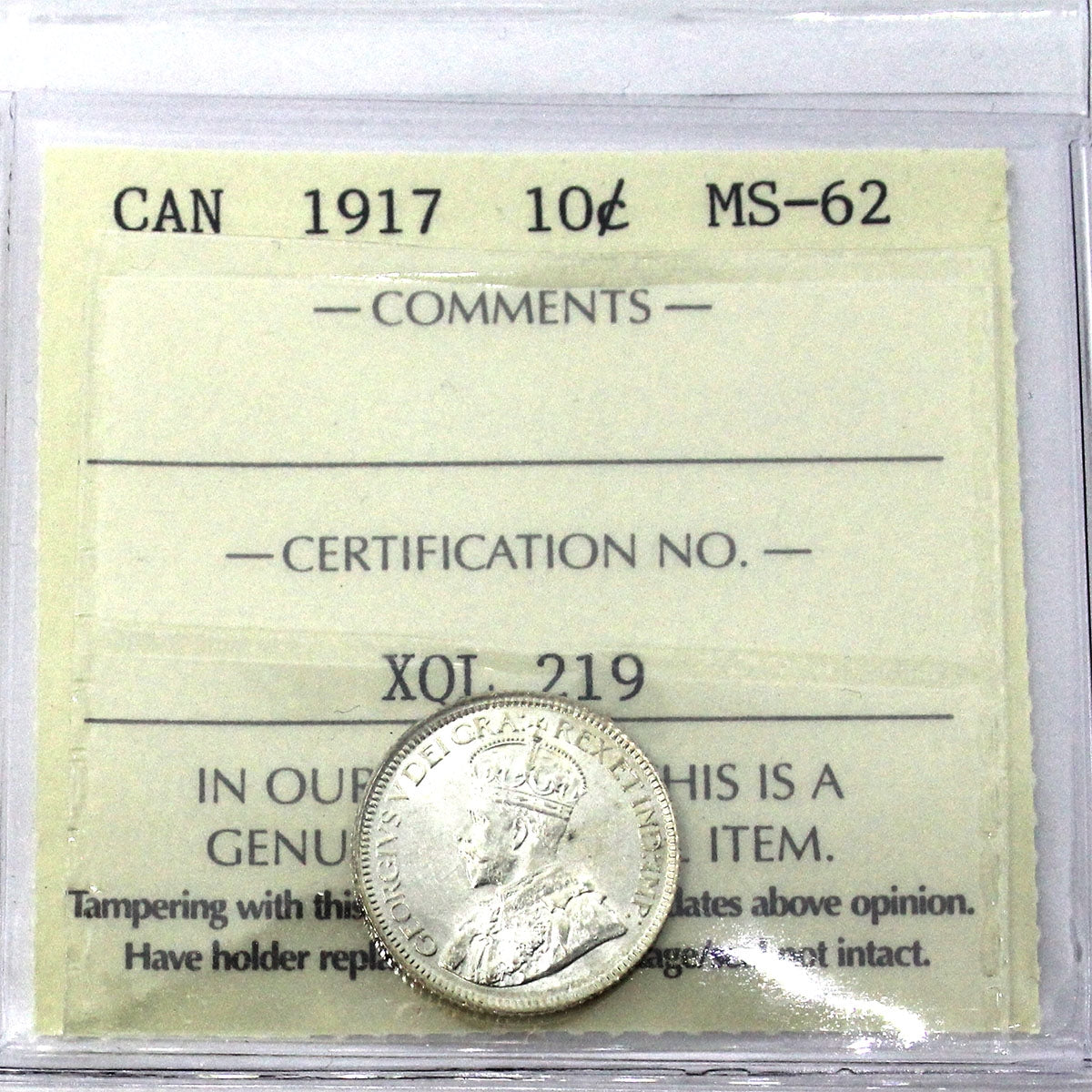1917 Canada 10-cents ICCS Certified MS62