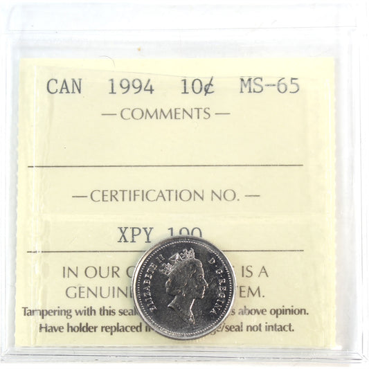1994 Canada 10-cents ICCS Certified MS65