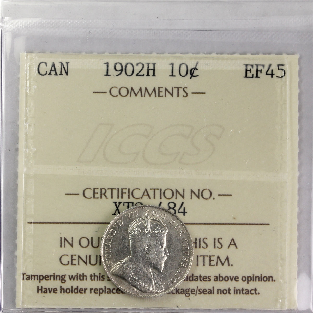 1902H Canada 10-cents ICCS Certified EF45