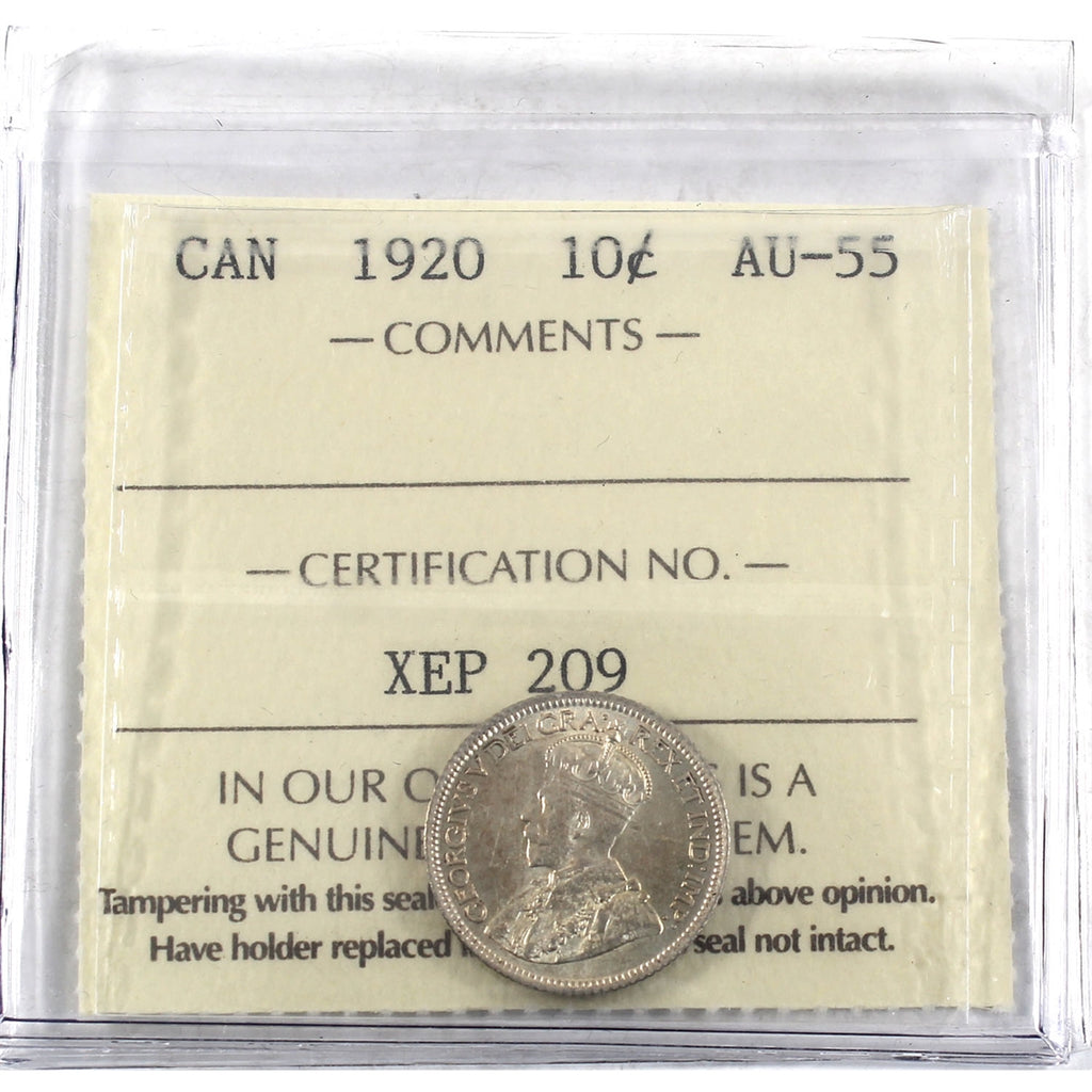 1920 Canada 10-cents ICCS Certified AU55