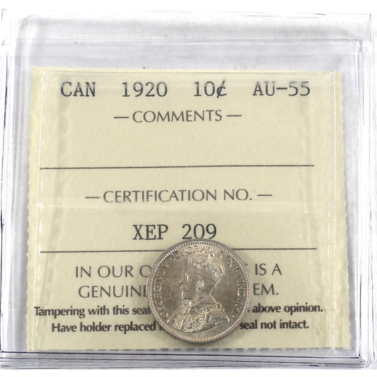 1920 Canada 10-cents ICCS Certified AU55