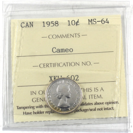 1958 Canada 10-cents ICCS Certified MS64 Cameo