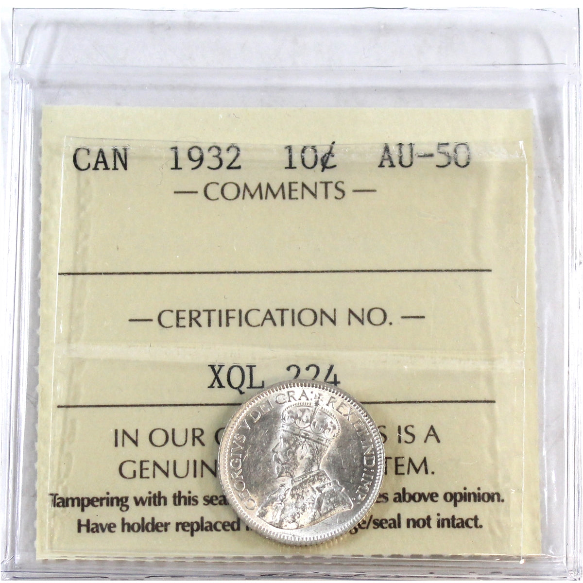 1932 Canada 10-cents ICCS Certified AU50