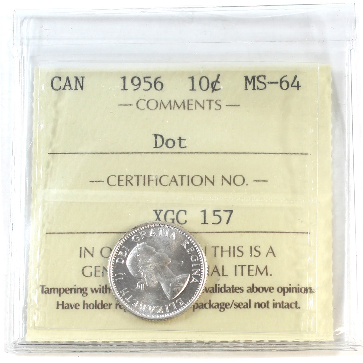 1956 Dot Canada 10-cents ICCS Certified MS64