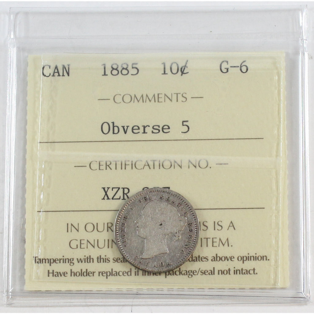 1885 Obv. 5 Canada 10-cents ICCS Certified G6