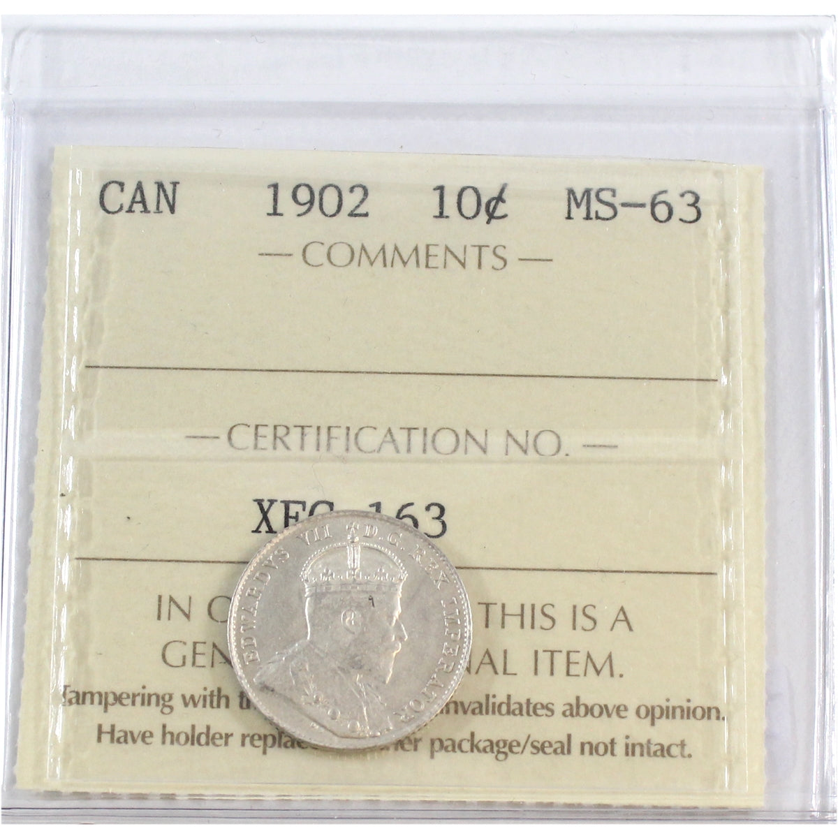 1902 Canada 10-cents ICCS Certified MS63 (XFC 163)