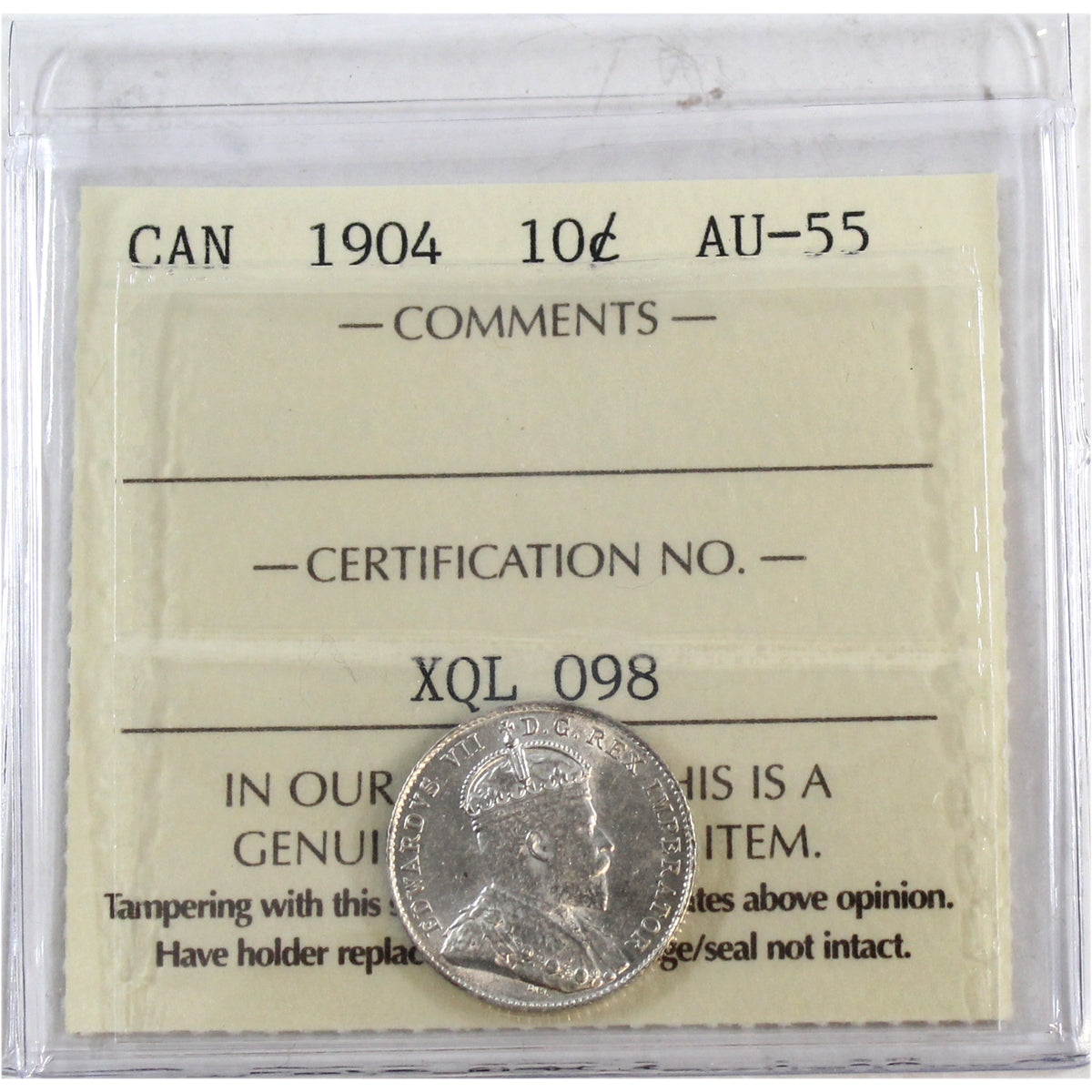 1904 Canada 10-cents ICCS Certified AU55