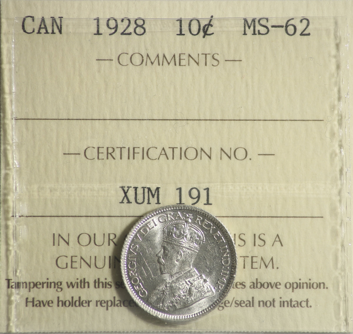 1928 Canada 10-cents ICCS Certified MS62