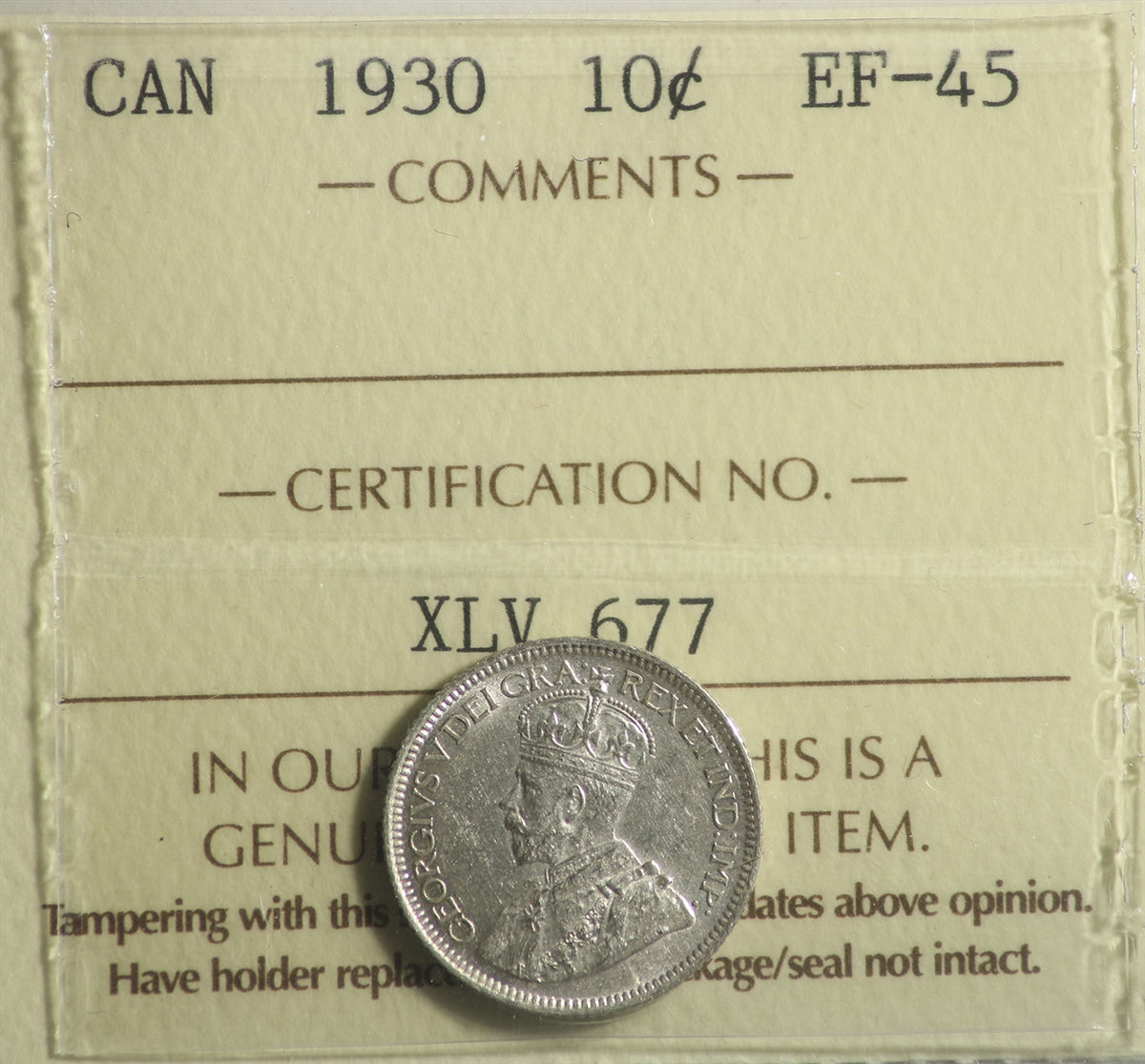 1930 Canada 10-cents ICCS Certified EF45