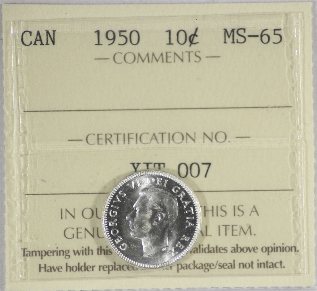 1950 Canada 10-cents ICCS Certified MS65