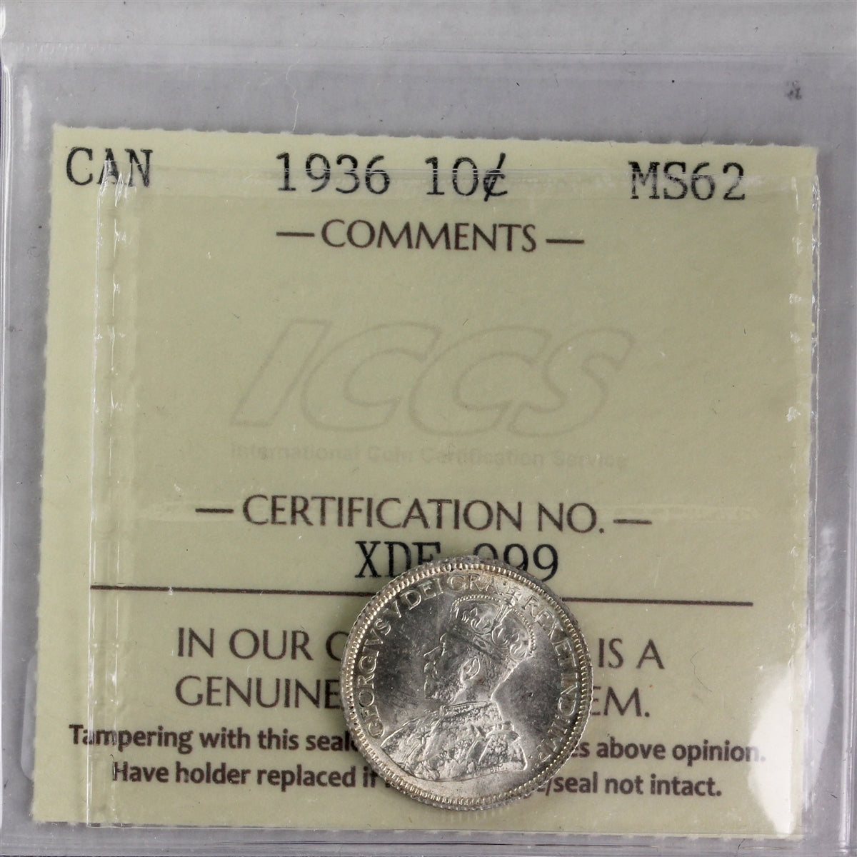 1936 Canada 10-cents ICCS Certified MS62
