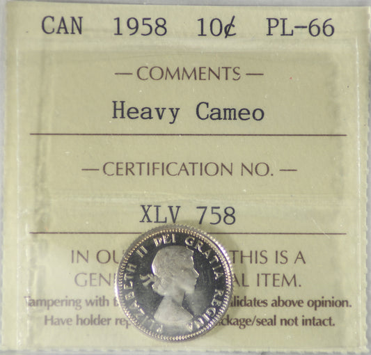1958 Canada 10-cents ICCS Certified PL-66 Heavy Cameo