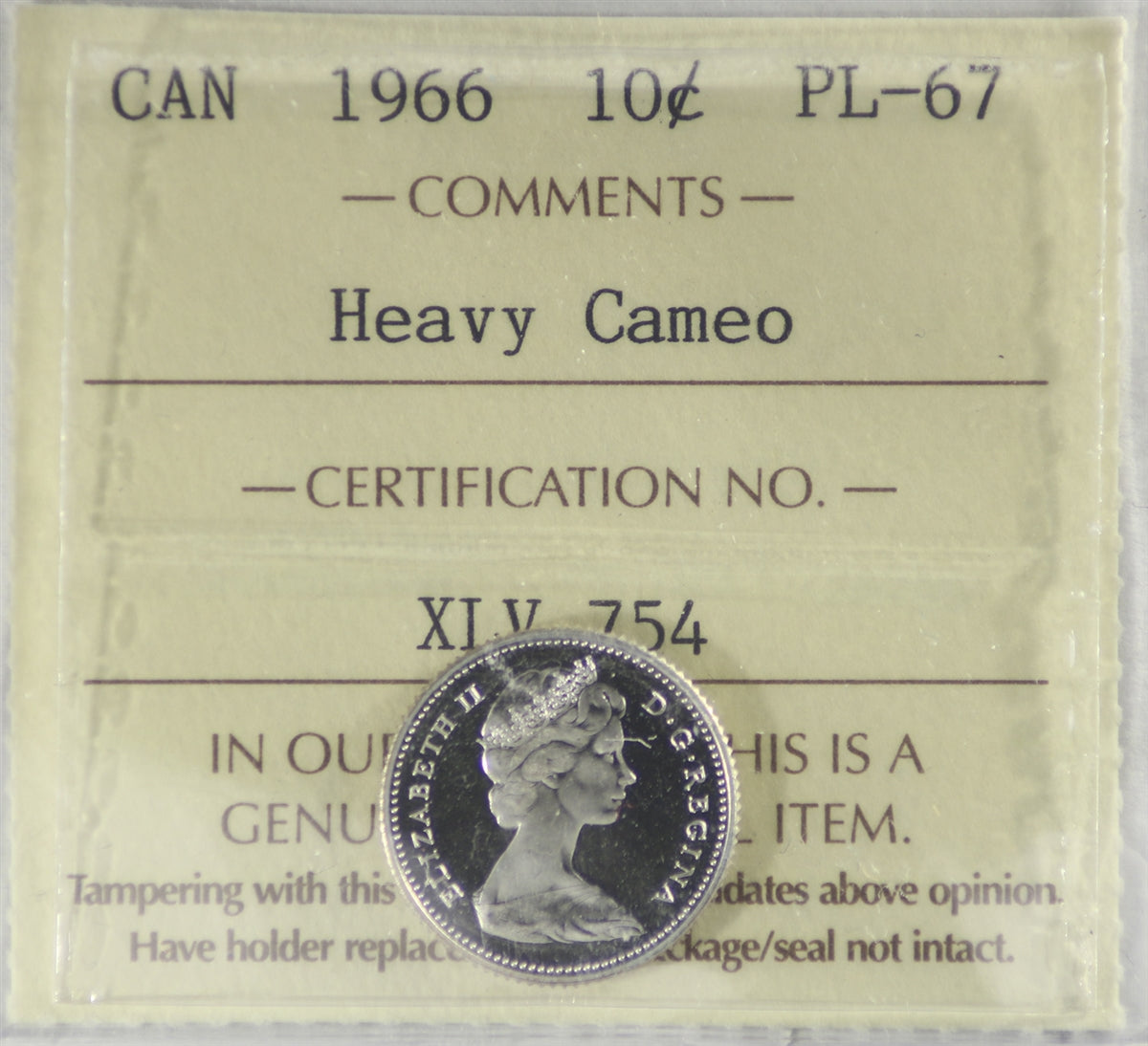 1966 Canada 10-cents ICCS Certified PL67 Heavy Cameo