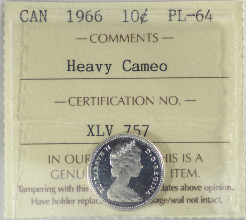 1966 Canada 10-cents ICCS Certified PL-64 Heavy Cameo