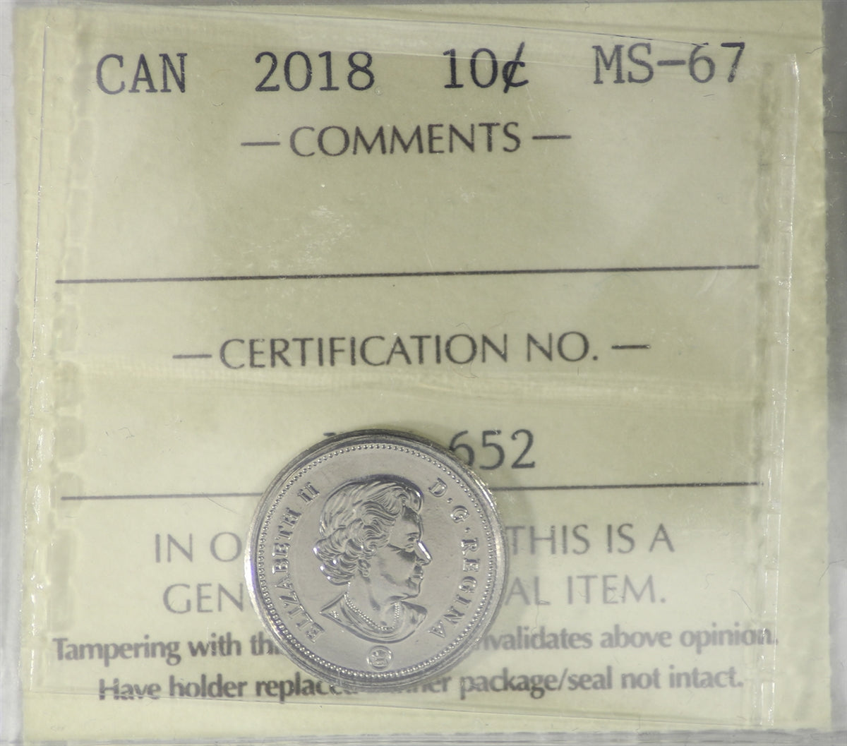 2018 Canada 10-cents ICCS Certified MS67