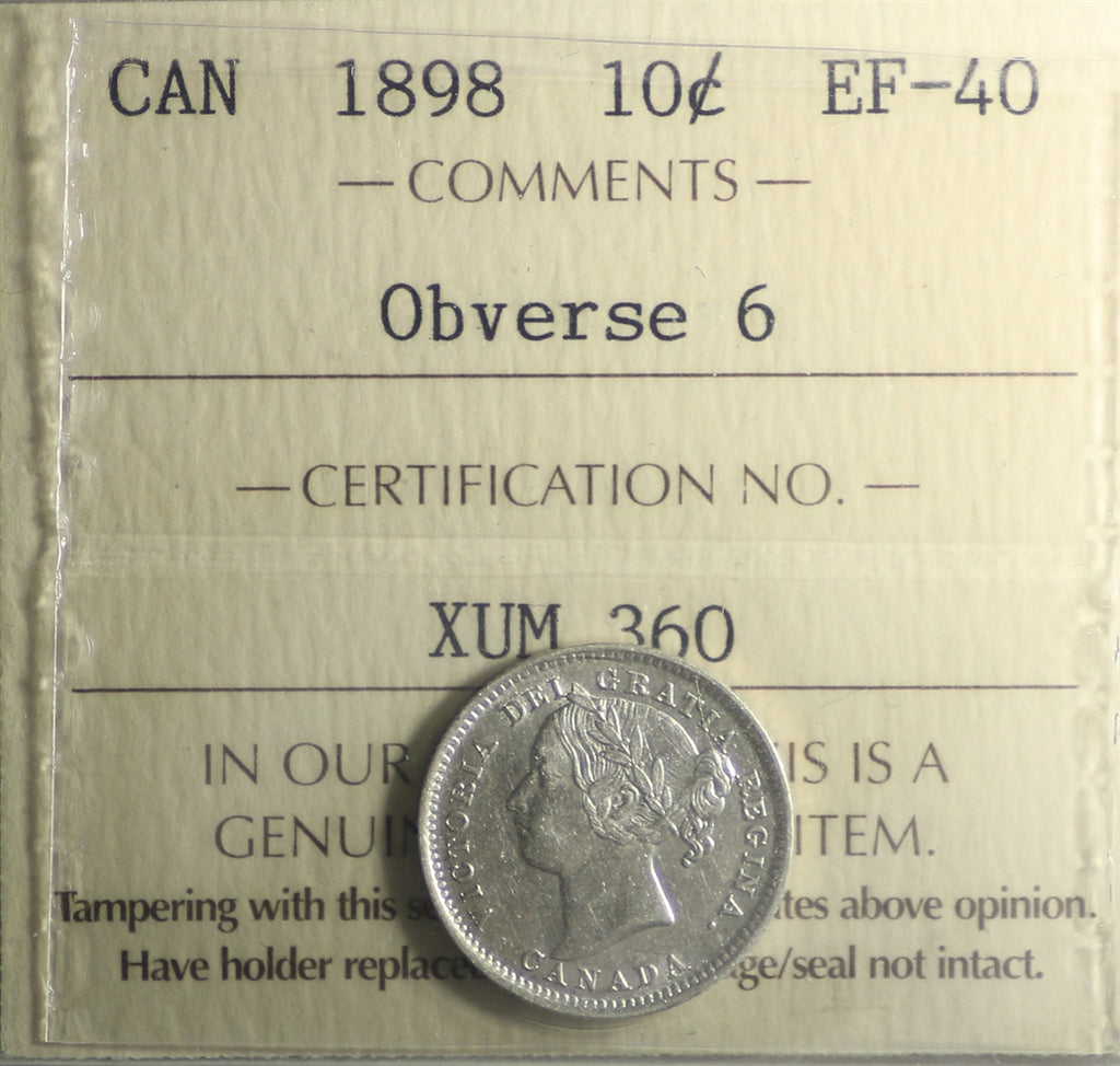 1898 Obv. 6 Canada 10-cents ICCS Certified EF40