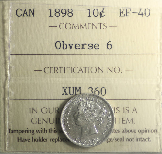 1898 Obv. 6 Canada 10-cents ICCS Certified EF40