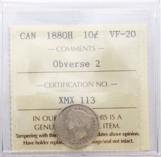 1880H Obv. 2 Canada 10-cents ICCS Certified VF20