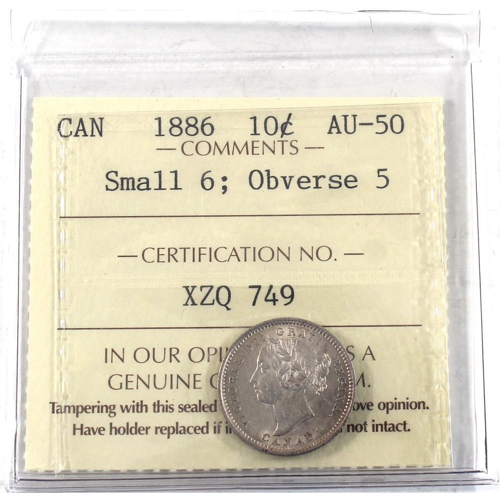 1886 Small 6, Obv. 5 Canada 10-cents ICCS Certified AU50