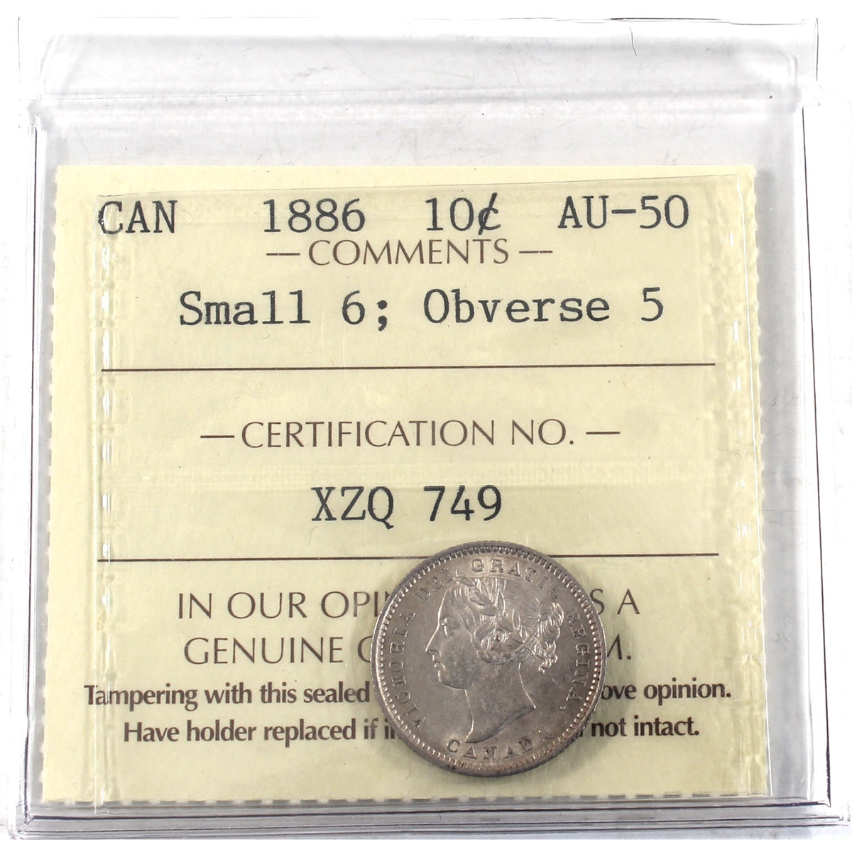 1886 Small 6, Obv. 5 Canada 10-cents ICCS Certified AU50