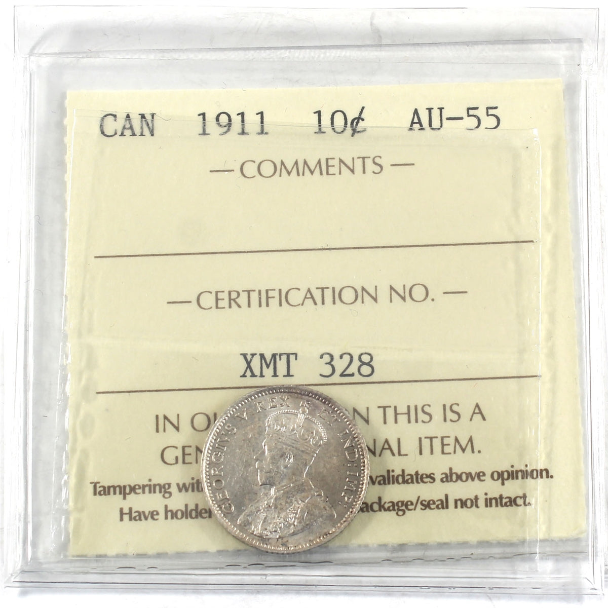 1911 Canada 10-cents ICCS Certified AU55