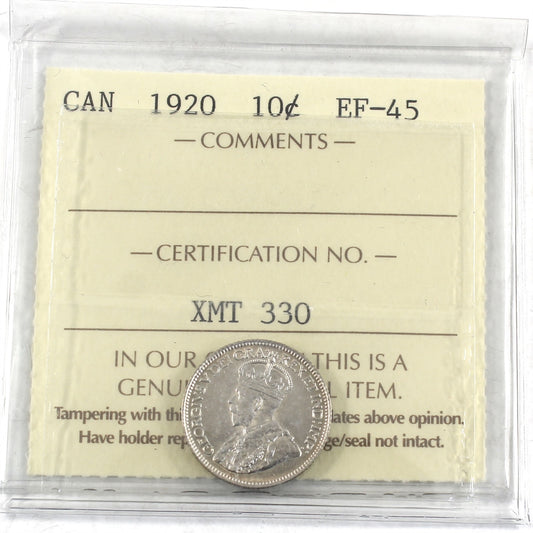 1920 Canada 10-cents ICCS Certified EF45