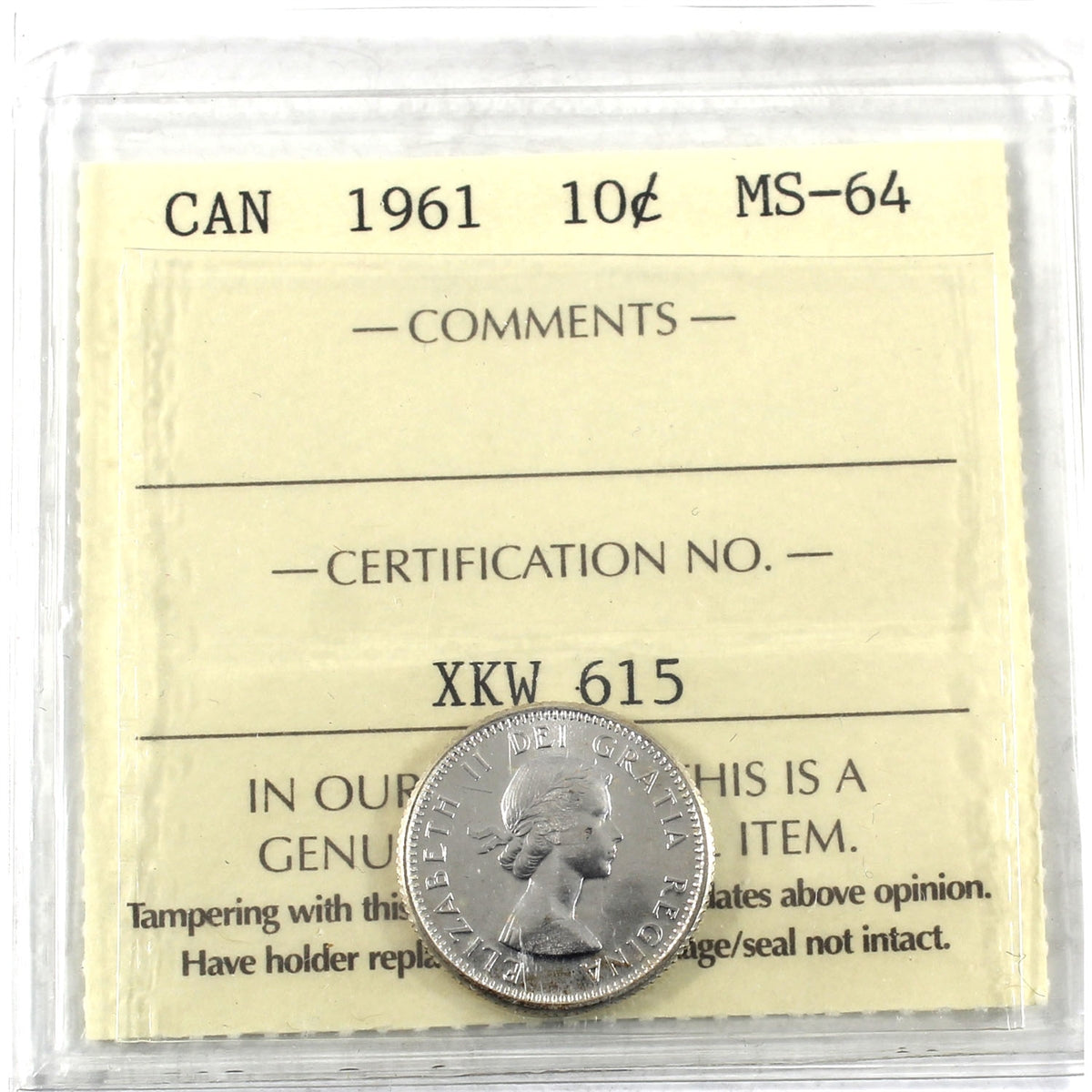 1961 Canada 10-cents ICCS Certified MS64