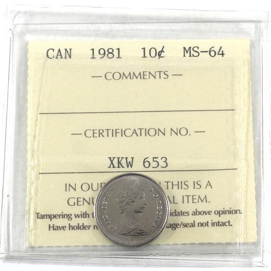 1981 Canada 10-cents ICCS Certified MS64
