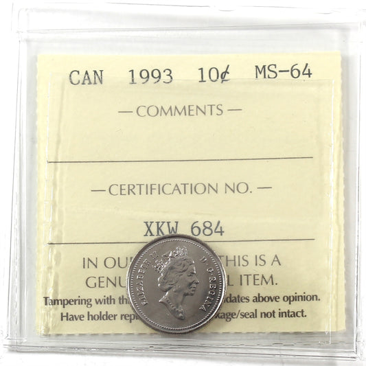 1993 Canada 10-cents ICCS Certified MS64