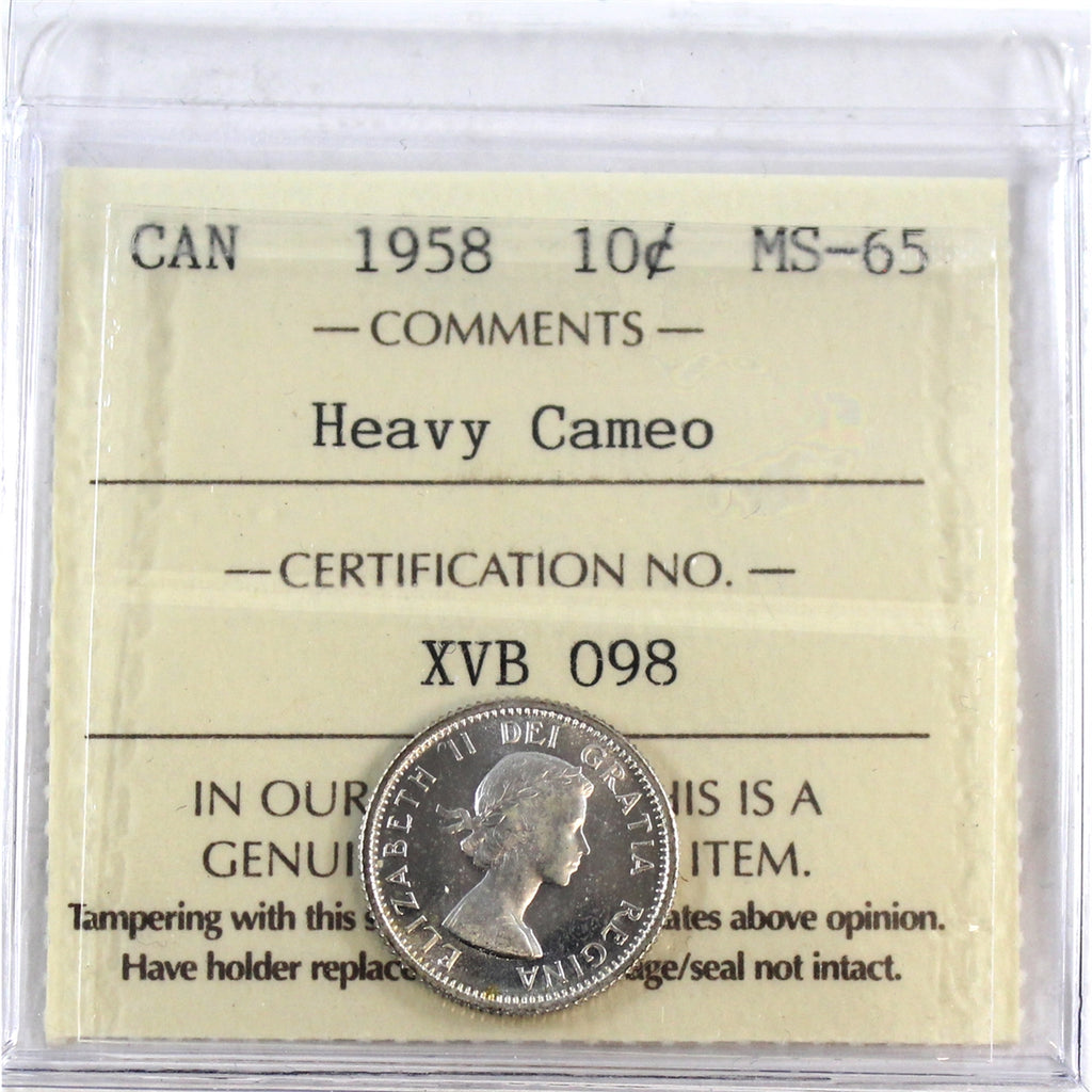 1958 Canada 10-cents ICCS Certified MS65 Heavy Cameo